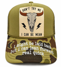 Don’t Try Me Camo Trucker Hat | Custom Patch Snapback