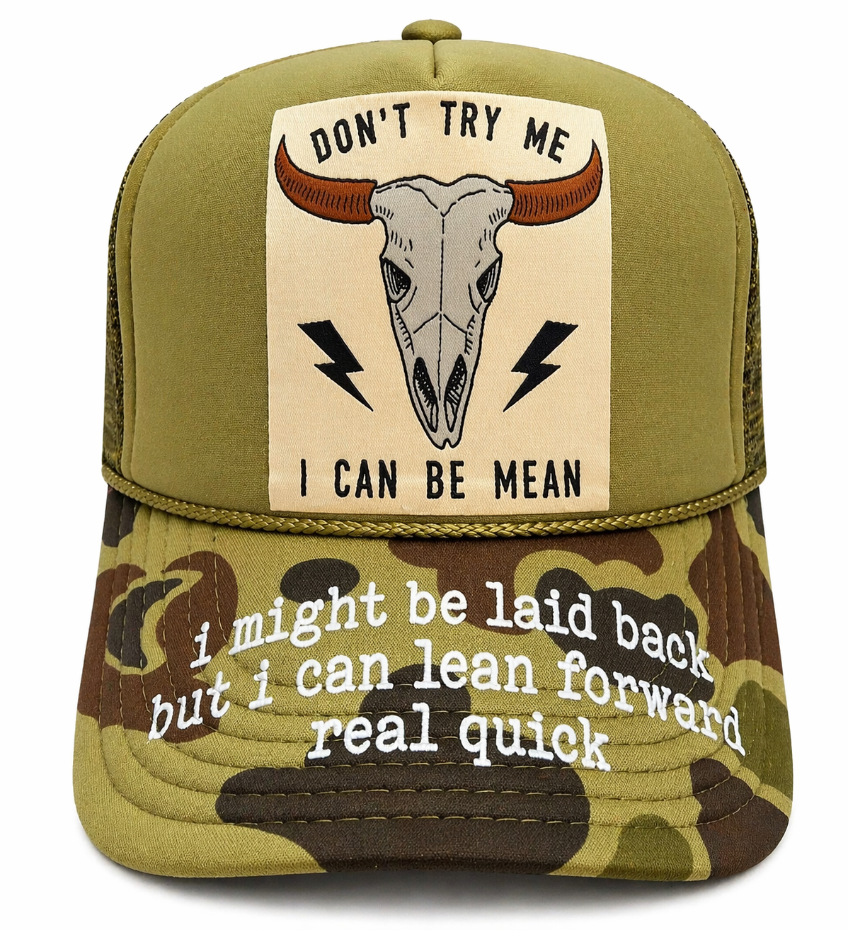 Don’t Try Me Camo Trucker Hat | Custom Patch Snapback