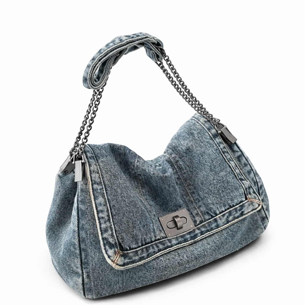 Denim bag with chain straps + 5 patches