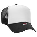 Solid mesh trucker hat with transfer design
